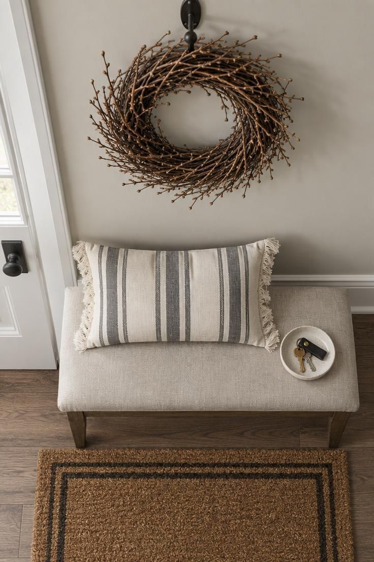 11 Cozy Halloween Decor Ideas for a Warm, Welcoming Fall 7 An overhead view of an entry bench with a cream and charcoal striped fringed pillow and a natural twig wreath hung above on an over-door hook.