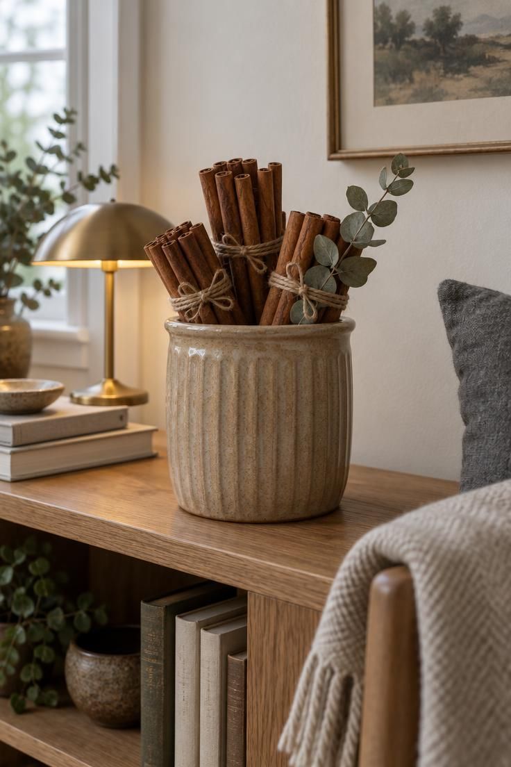 11 Cozy Halloween Decor Ideas for a Warm, Welcoming Fall 8 A fluted sand-colored stoneware crock filled with cinnamon stick bundles tied in twine, with a sprig of dried eucalyptus on a low oak bookcase.