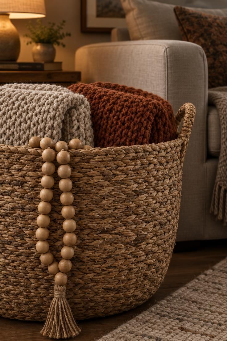 11 Cozy Halloween Decor Ideas for a Warm, Welcoming Fall 9 A woven seagrass basket holding chunky knit throws in oatmeal and rust with a wood bead garland draped over the rim, softly lit and blurred background.