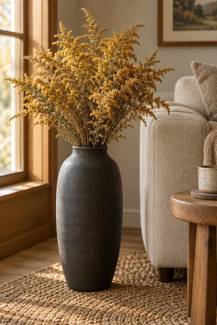 11 Cozy Halloween Decor Ideas for a Warm, Welcoming Fall 10 A charcoal ceramic floor vase holding dried goldenrod on a braided jute rug, with the edge of an oatmeal linen sofa in soft focus.