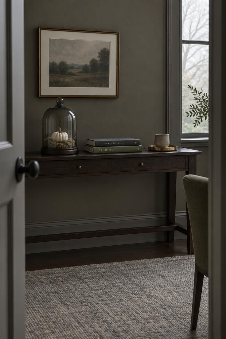 11 Cozy Halloween Decor Ideas for a Warm, Welcoming Fall 11 A smoked glass cloche over a white mini pumpkin and dried moss on a dark wood base, on a console table beside a stack of books.