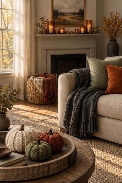 11 Cozy Halloween Decor Ideas for a Warm, Welcoming Fall A cozy fall living room corner with a wood tray of knit pumpkins, a mantel of amber candle holders, an oatmeal sofa with layered pillows, a seagrass basket, and dried goldenrod in warm afternoon light.