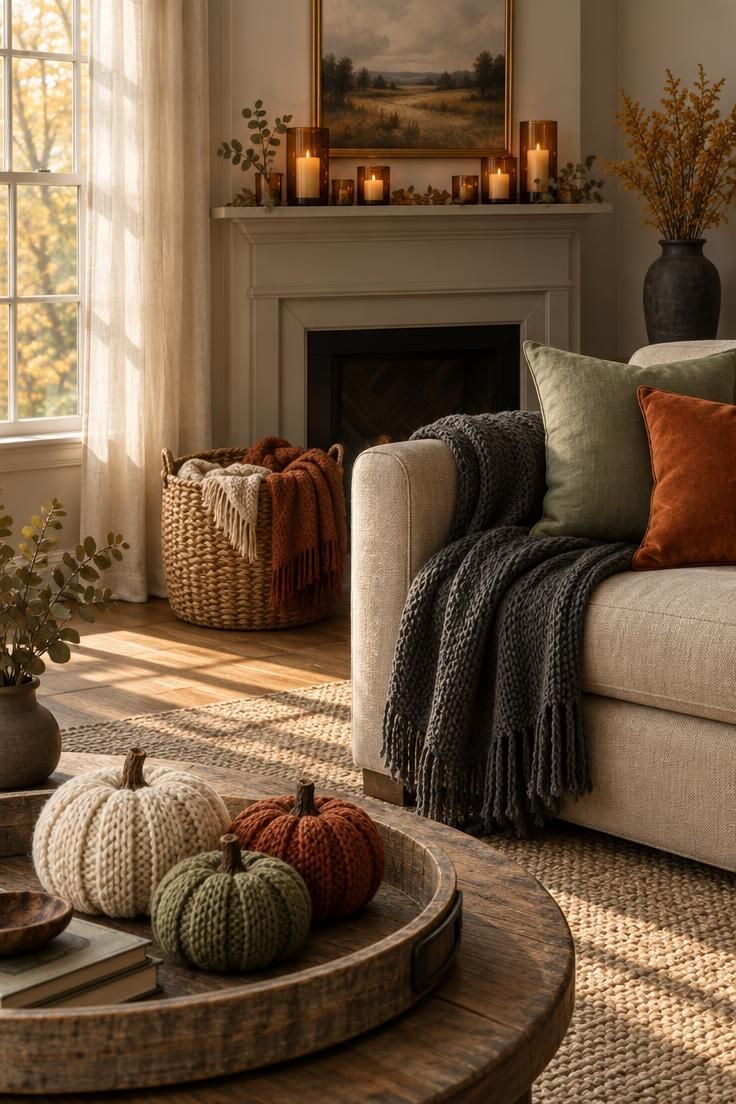 A cozy fall living room corner with a wood tray of knit pumpkins, a mantel of amber candle holders, an oatmeal sofa with layered pillows, a seagrass basket, and dried goldenrod in warm afternoon light.