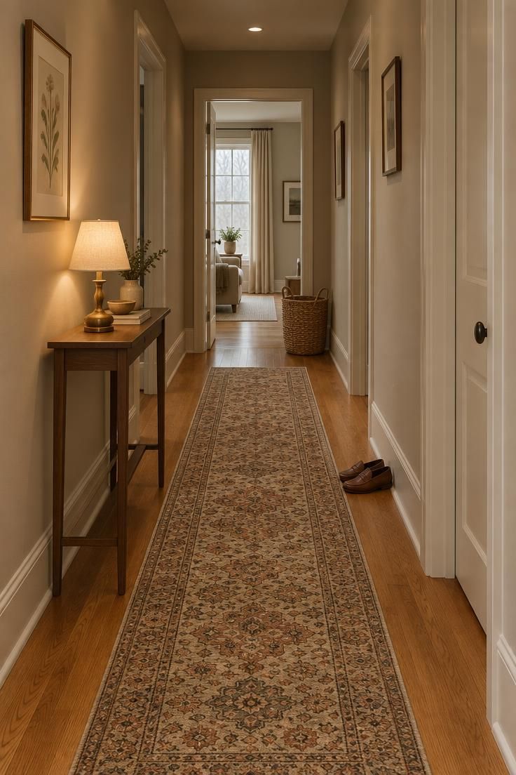 15 Cozy Hallway Ideas That Make Every Walk Feel Warm 1 Eye-level view down a narrow hallway with a long patterned wool runner, visible wood floor at each end, and warm pooled light from a console lamp.