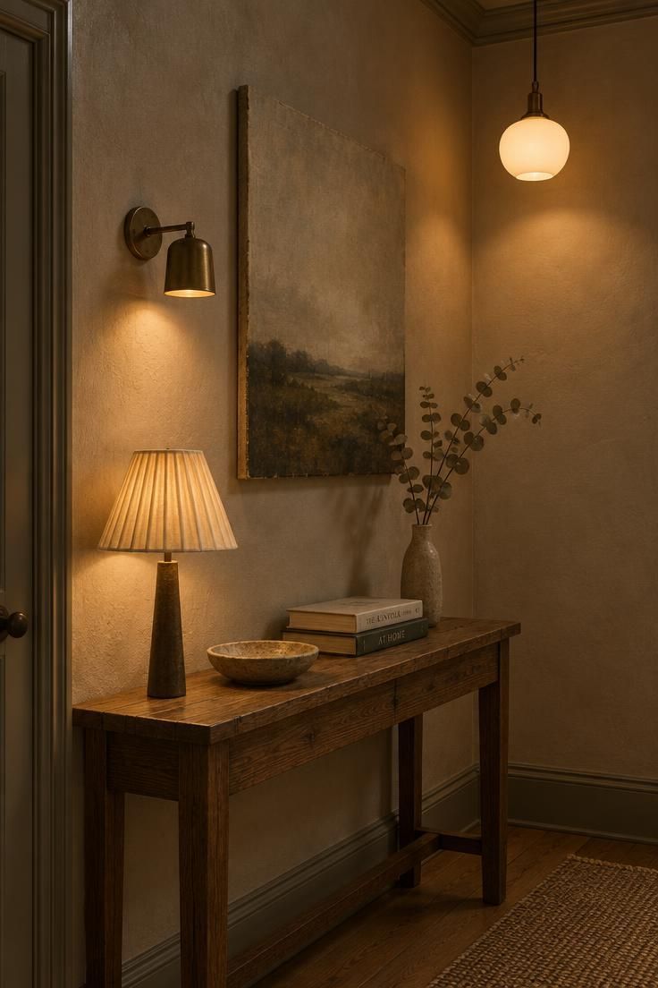 15 Cozy Hallway Ideas That Make Every Walk Feel Warm 2 Vignette of a hallway corner showing a slim console lamp, a low wall sconce, and a small pendant, each casting a separate pool of warm light.