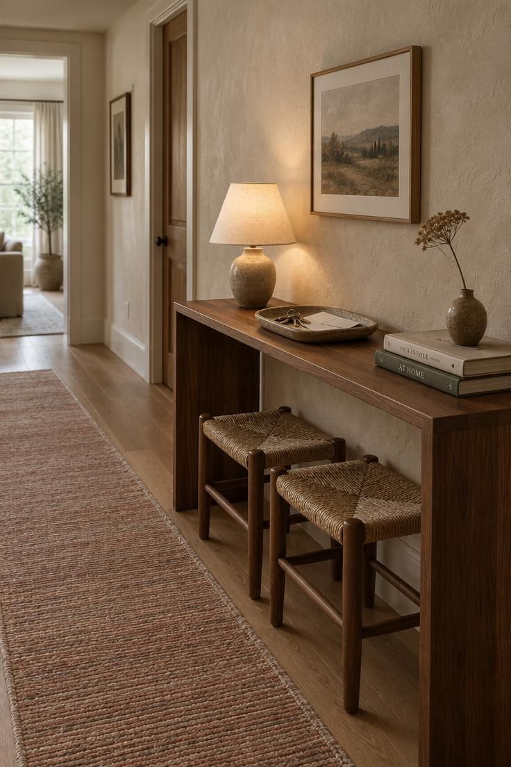 15 Cozy Hallway Ideas That Make Every Walk Feel Warm 3 Wide establishing shot of a narrow hall with a shallow console table holding a small lamp, a ceramic tray, and a stack of two books.