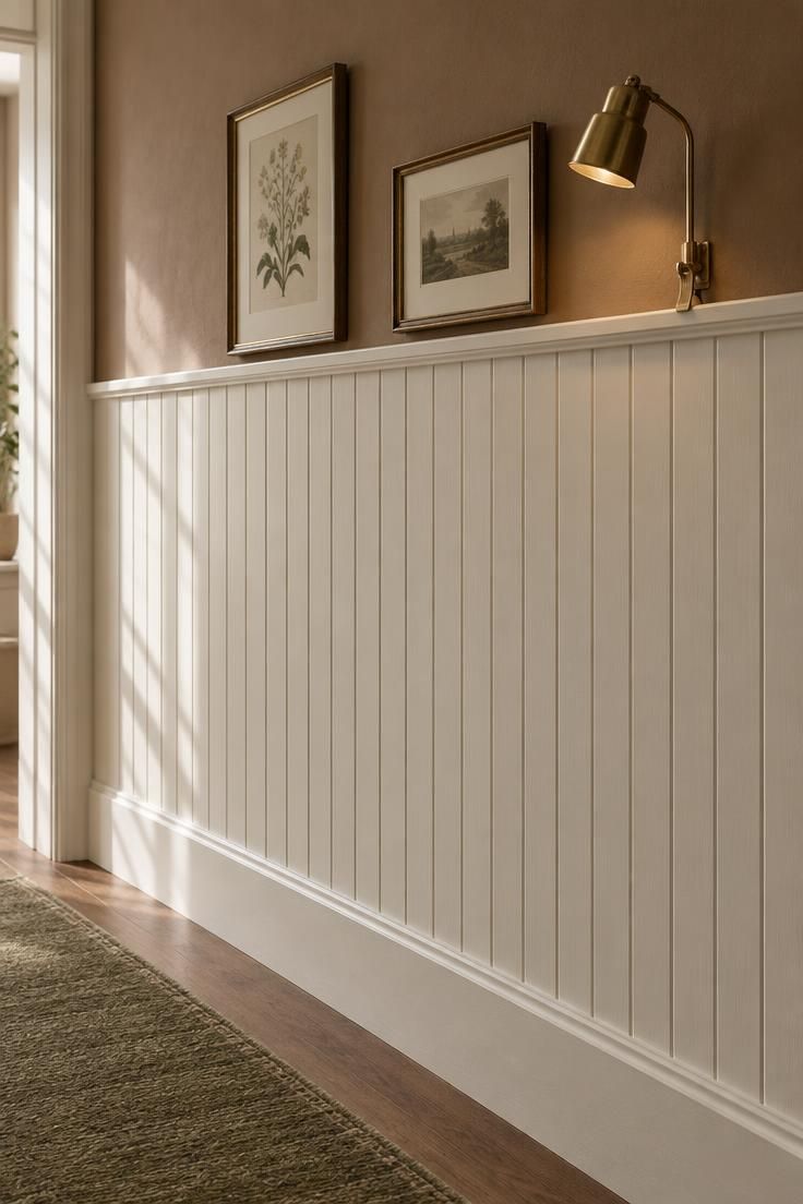 15 Cozy Hallway Ideas That Make Every Walk Feel Warm 4 Close-up detail of a hallway wall showing half-height paneling in warm white below a clay-toned upper wall, with a picture rail line between.