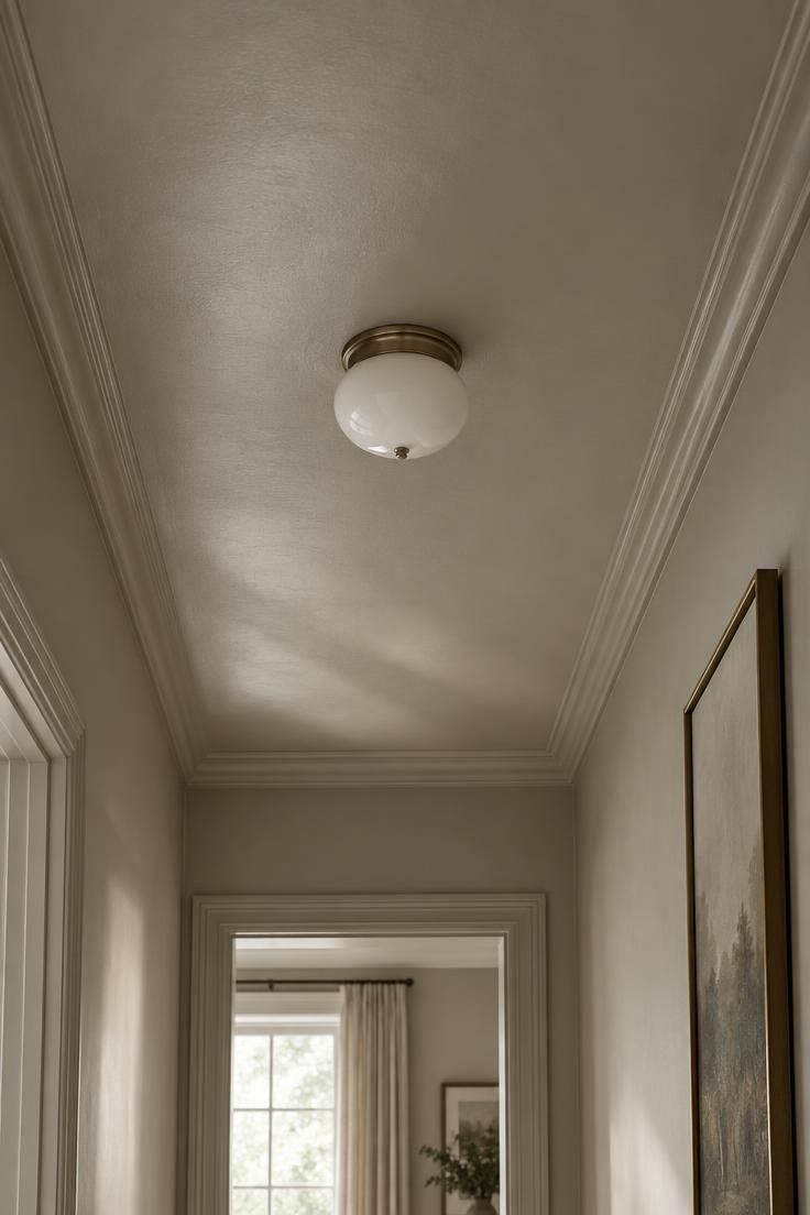 15 Cozy Hallway Ideas That Make Every Walk Feel Warm 5 Overhead view looking up at a hallway ceiling painted in a soft warm tone, with a small flush-mount fixture and a visible run of trim.