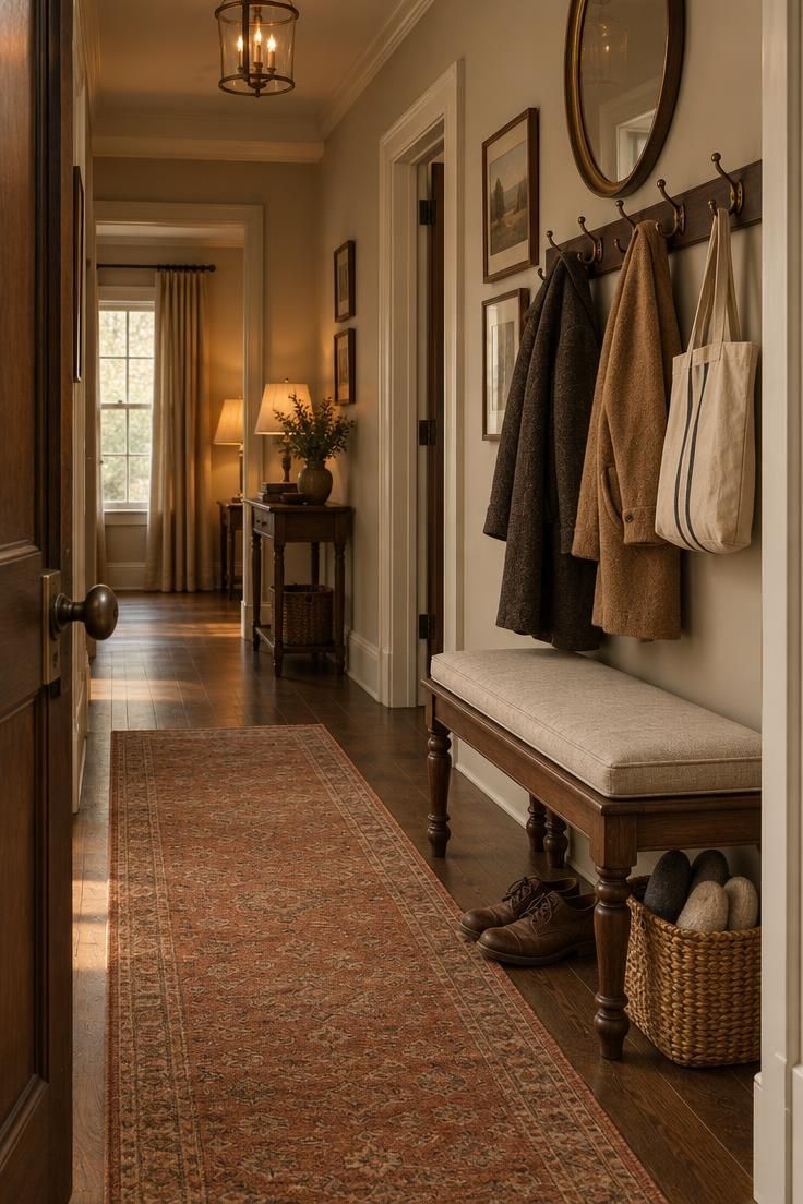 15 Cozy Hallway Ideas That Make Every Walk Feel Warm 6 Doorway view of a hallway bench with a cushion and a pair of shoes beneath, hooks above holding two coats.