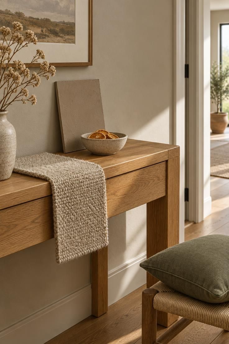 15 Cozy Hallway Ideas That Make Every Walk Feel Warm 7 Vignette of a hallway corner showing a honey oak console, an oatmeal runner swatch, and a clay-toned wall sample.