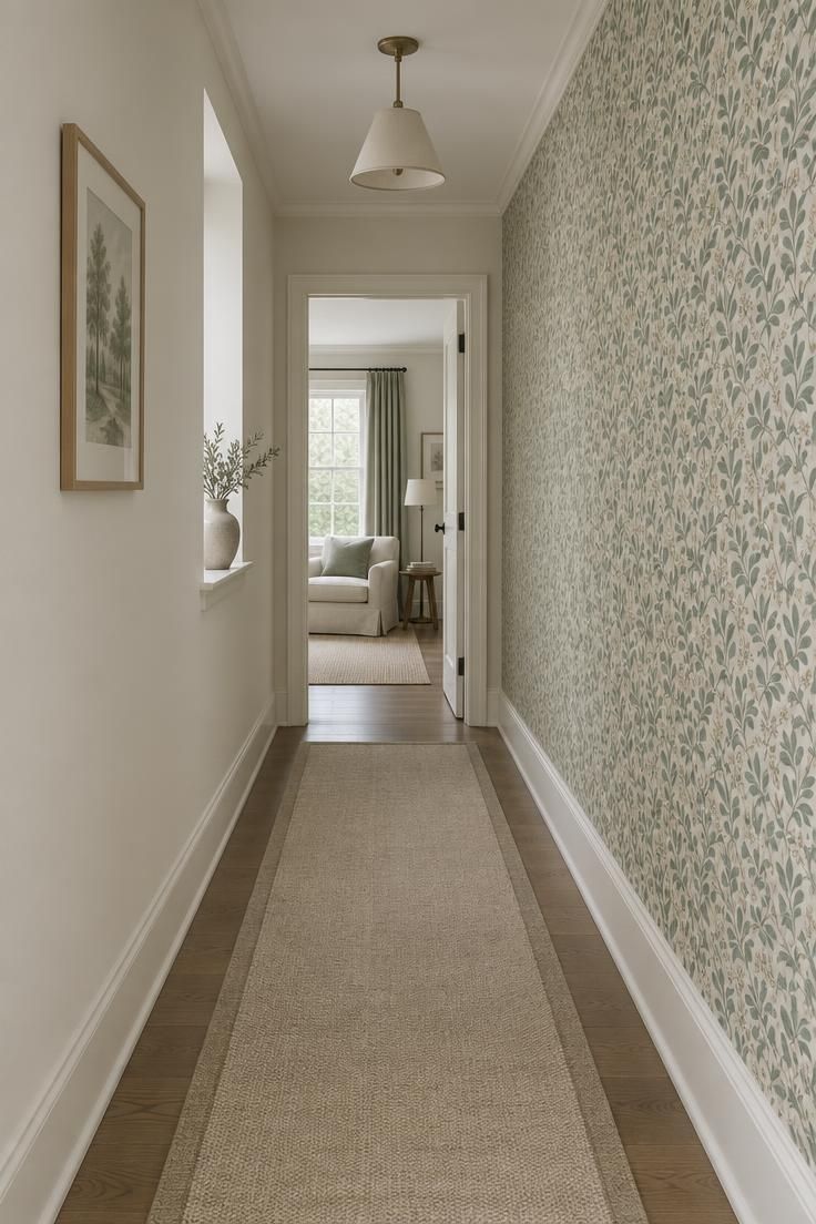 15 Cozy Hallway Ideas That Make Every Walk Feel Warm 8 Wide establishing shot of a hallway with small-scale patterned wallpaper on the long wall and quiet surfaces elsewhere.