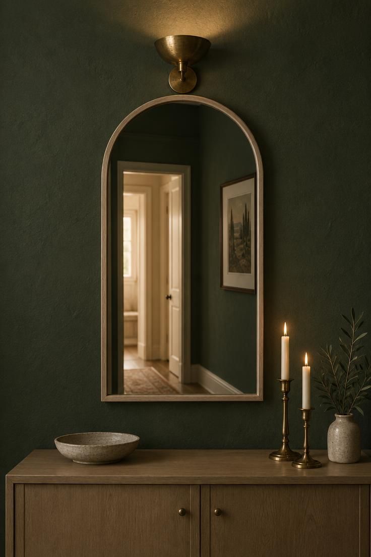 15 Cozy Hallway Ideas That Make Every Walk Feel Warm 9 Eye-level view of an arched mirror on a hallway wall reflecting a doorway and a slice of the opposite wall.