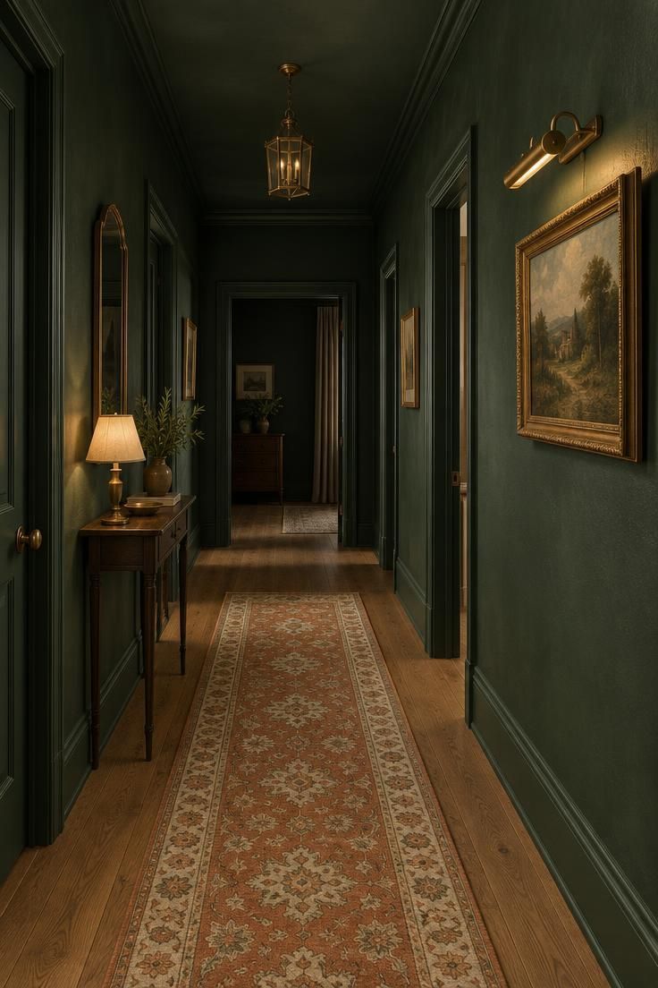 15 Cozy Hallway Ideas That Make Every Walk Feel Warm 10 Wide establishing shot of a hall with deep green walls, a brass picture light, and a warm runner, the far end slightly darker.