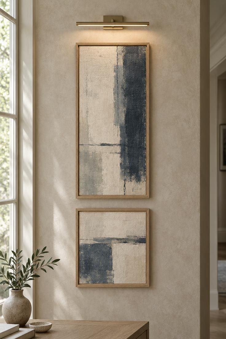 15 Cozy Hallway Ideas That Make Every Walk Feel Warm 11 Close-up detail of a tall narrow artwork hung on a hallway wall, with a small frame stacked beneath it and a picture light above.