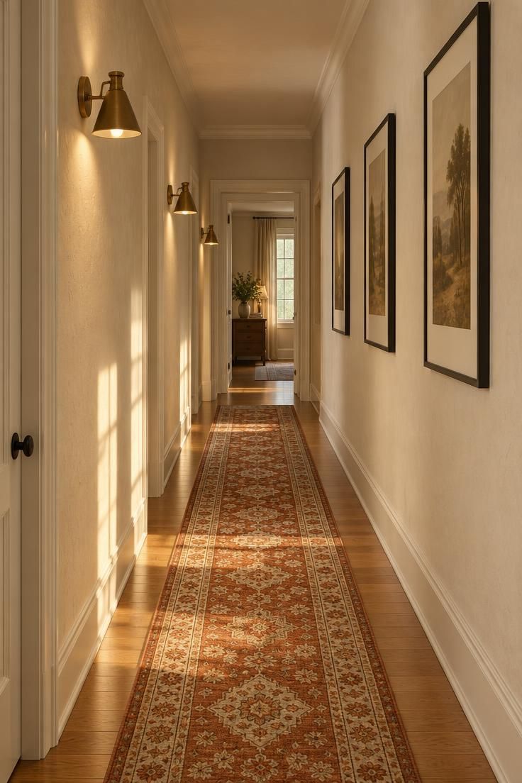 15 Cozy Hallway Ideas That Make Every Walk Feel Warm 12 Eye-level view down a long hallway with evenly spaced wall sconces and matching frames creating a repeating rhythm.