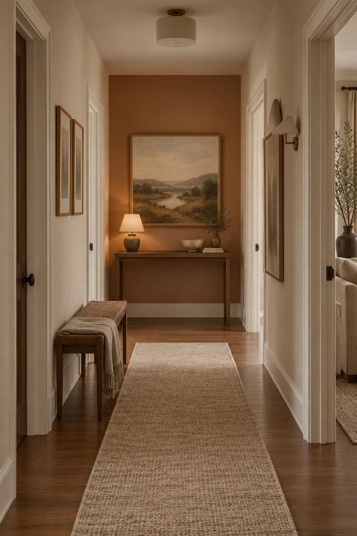 15 Cozy Hallway Ideas That Make Every Walk Feel Warm 13 Wide establishing shot looking down a hallway toward a far end wall with a single artwork and a low console beneath it.