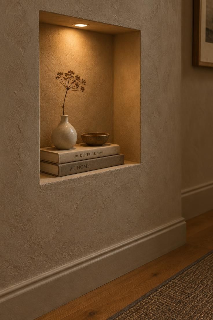15 Cozy Hallway Ideas That Make Every Walk Feel Warm 14 Vignette of a shallow hallway niche with a small vase, two books, and a low warm light.