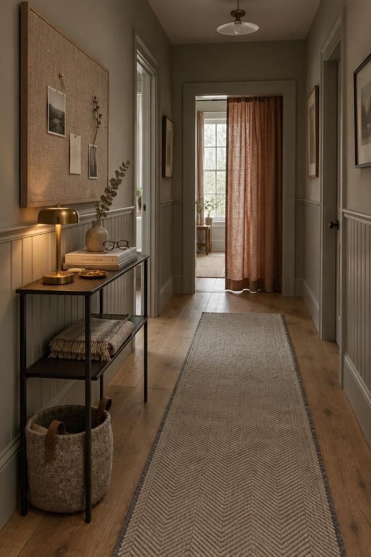 15 Cozy Hallway Ideas That Make Every Walk Feel Warm 15 A narrow hallway with a wool runner, slim console, linen pinboard, and a warm lamp glowing against soft gray paneled walls.