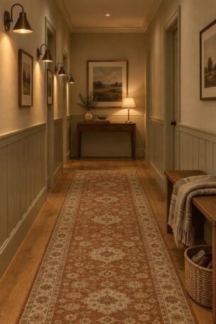 Warmly lit residential hallway at dusk with a patterned runner, a slim console with a lamp, wall sconces, and a bench with a folded wool throw.