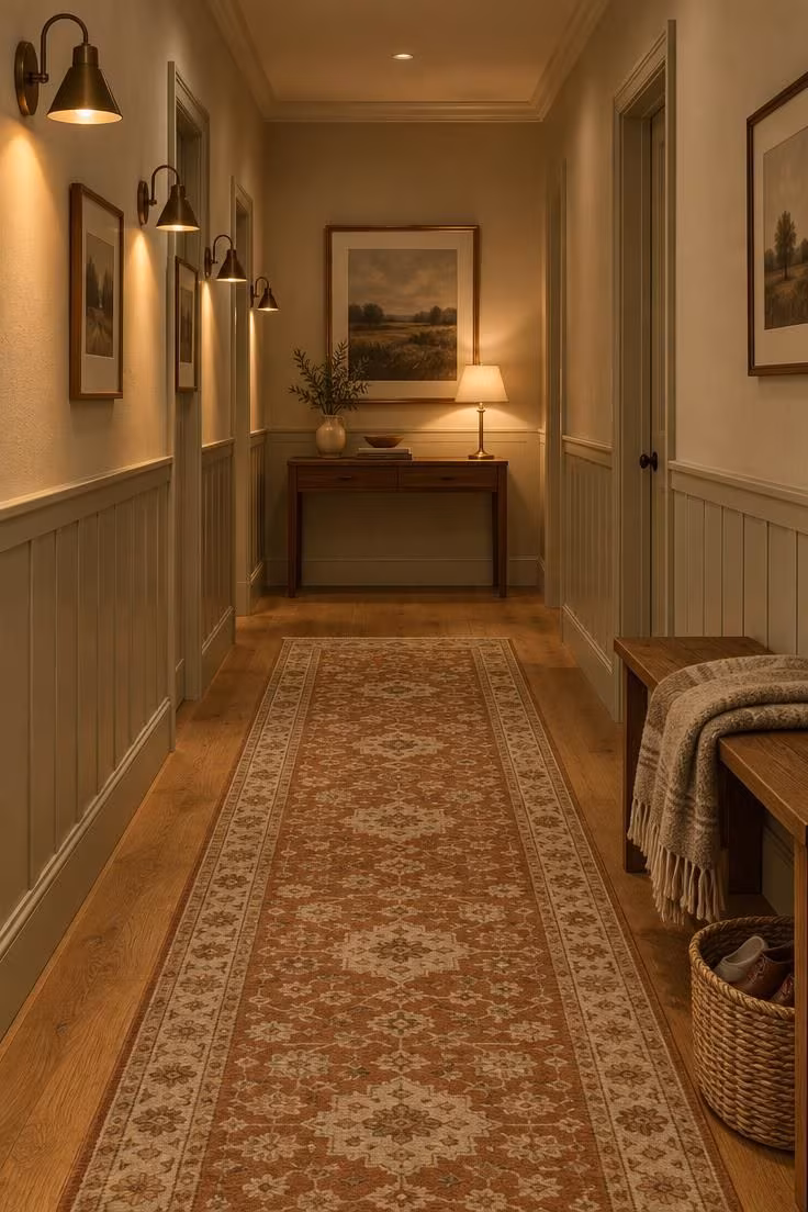 Simple Spaces 18 Warmly lit residential hallway at dusk with a patterned runner, a slim console with a lamp, wall sconces, and a bench with a folded wool throw.