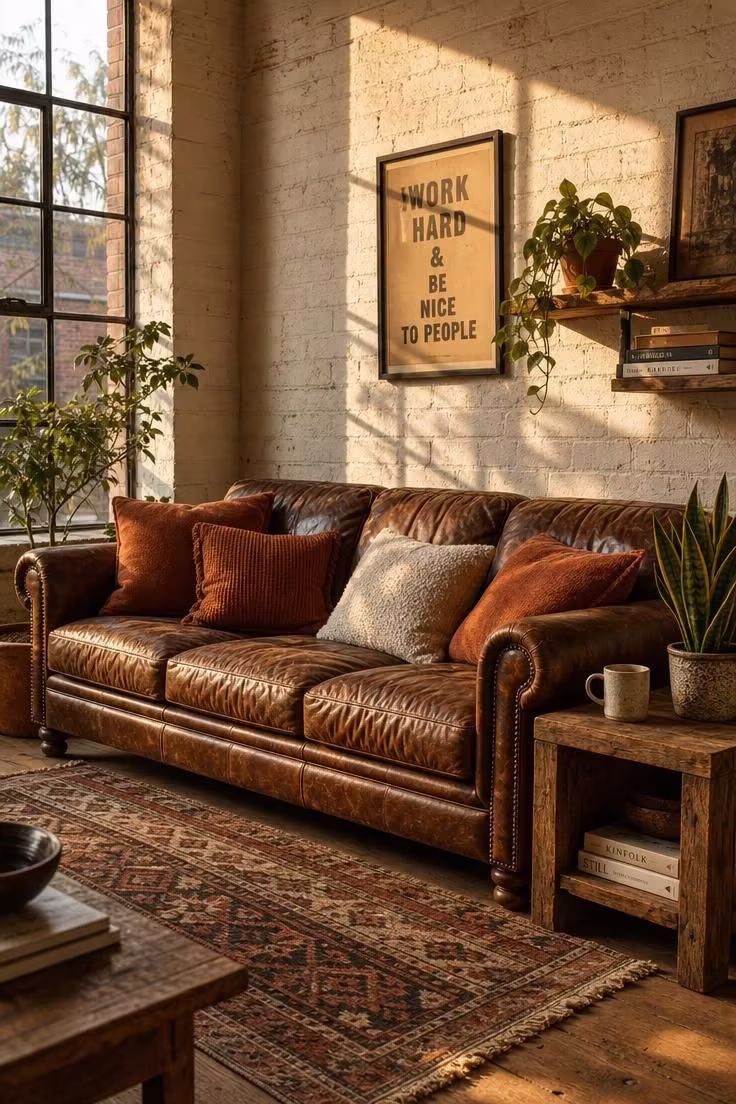 Whitewashed brick wall behind a worn saddle leather sofa with rust and cream pillows in a cozy industrial living room with warm golden light