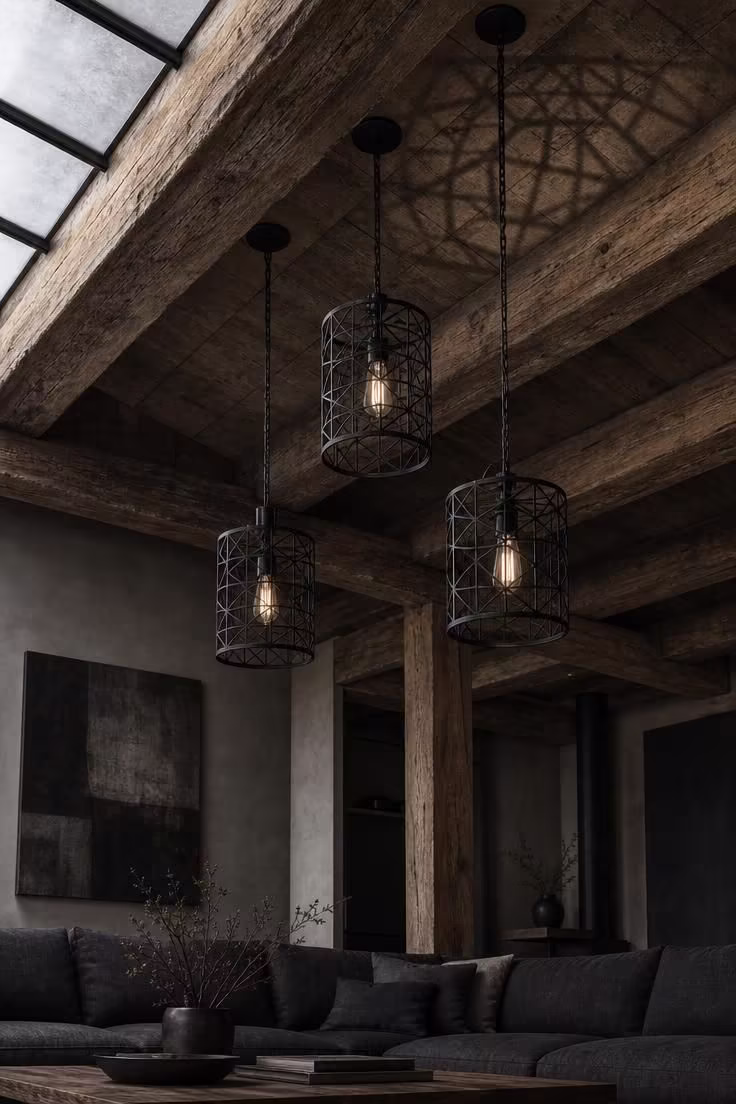 Three matte black cage pendant lights hanging from raw timber beams in soft diffused light in an industrial living room