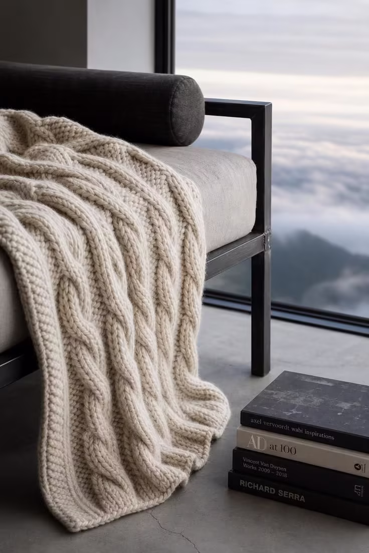 Chunky cream cable-knit throw draped over an iron-frame daybed with a linen bolster in cool overcast light