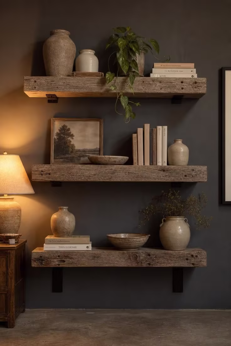 Three reclaimed barnwood floating shelves on a slate-painted wall with ceramic vases and books in warm golden light