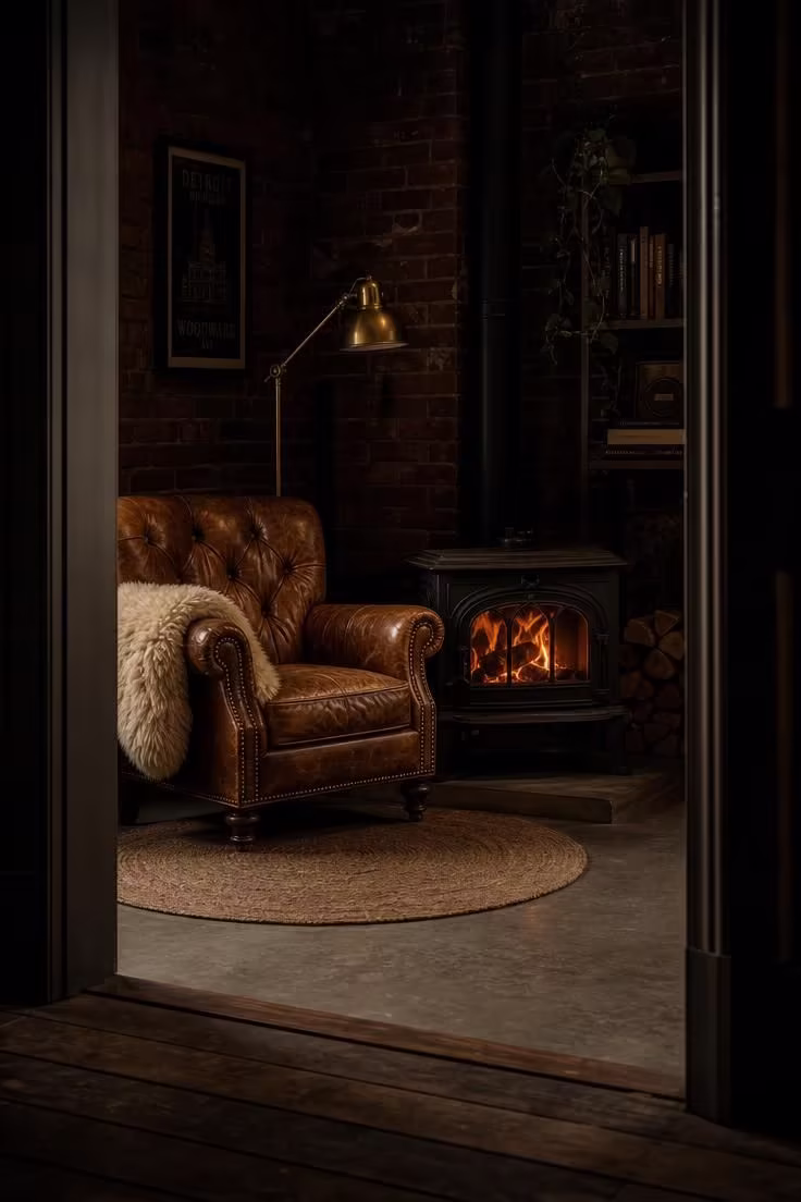 Tufted caramel leather club chair beside a cast iron wood stove in moody low light with sheepskin on the arm