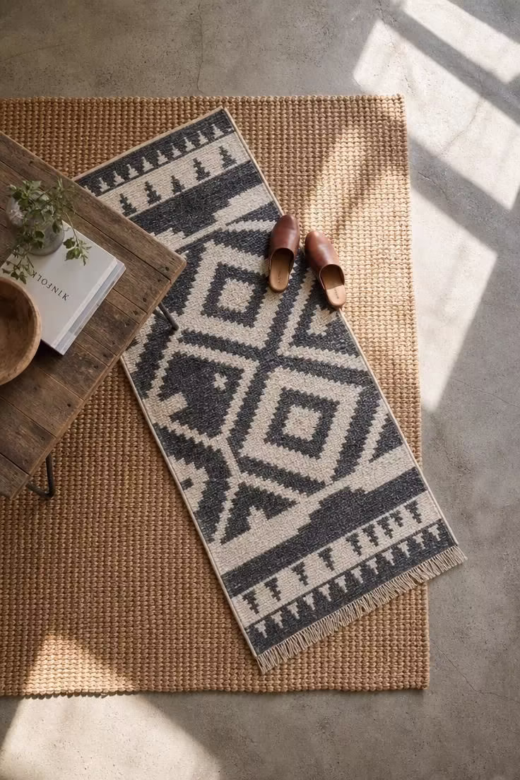 Layered jute and wool rugs on polished concrete floor seen from overhead in bright midday light with leather slippers