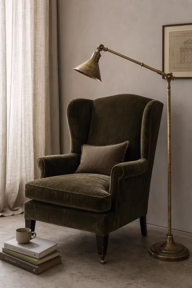 Aged brass pharmacy floor lamp beside a deep olive velvet wingback chair in soft diffused light with books on the floor