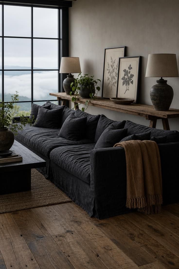 Weathered oak console table behind a deep charcoal linen sectional in cool overcast light with ceramic lamps and trailing plant