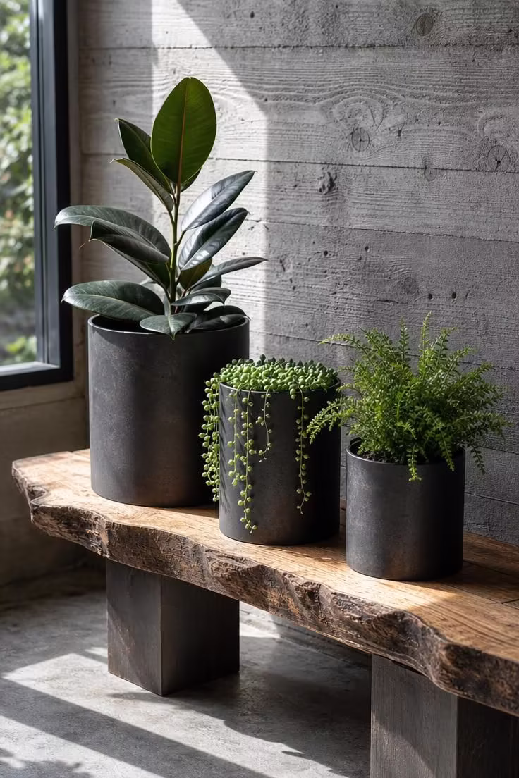 Three matte iron planters with trailing and upright plants on a raw hickory bench in bright midday light against a concrete wall