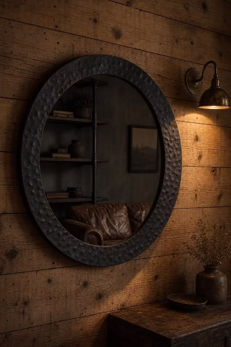 Hand-forged iron mirror with hammered frame on a reclaimed pine plank wall in moody low light with a brass sconce