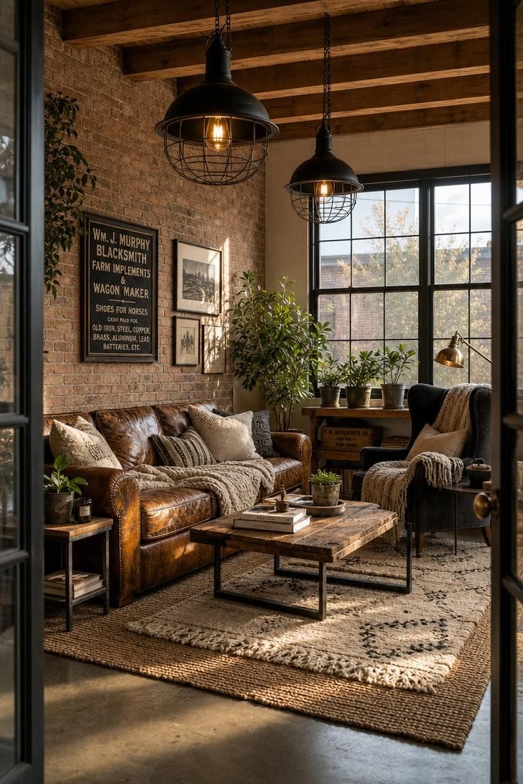 Full cozy industrial living room with distressed leather sofa, exposed brick, layered rugs, cage pendants, and warm golden light streaming through steel-framed windows