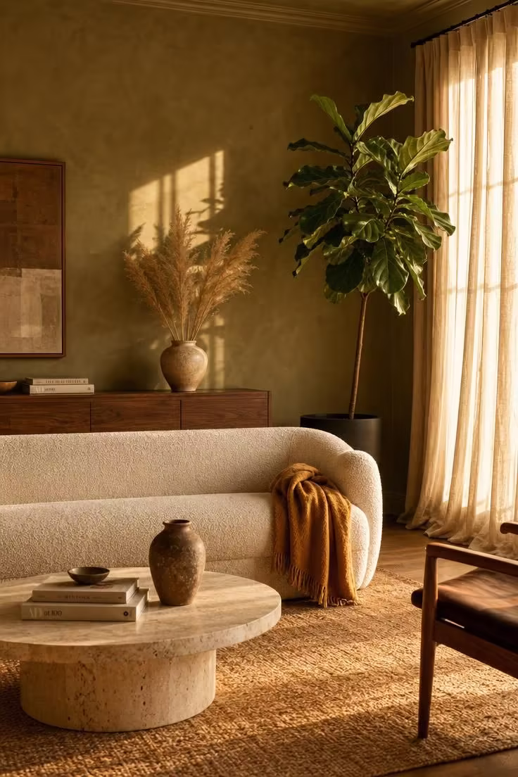 Why the Boldest Living Room Wall Colors Are Replacing Safe Neutrals 1 A sunlit living room with olive plaster walls, a cream boucle sofa, walnut credenza, and warm golden afternoon light streaming through linen curtains