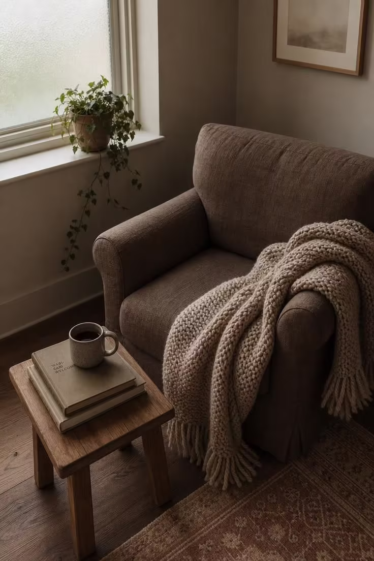 Why the Boldest Living Room Wall Colors Are Replacing Safe Neutrals 2 A mushroom-brown linen reading chair beside an oak side table in a warm greige living room with soft diffused daylight filtering through a frosted window