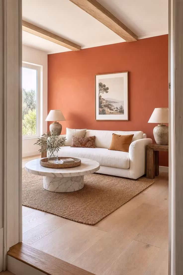 Why the Boldest Living Room Wall Colors Are Replacing Safe Neutrals 3 A living room with a rich terracotta accent wall, a cream linen sofa, raw ceramic lamps, and bright midday light streaming through a large undressed window