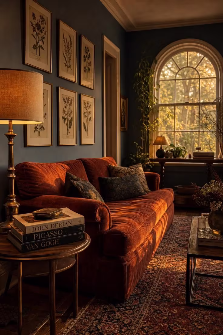 Why the Boldest Living Room Wall Colors Are Replacing Safe Neutrals 4 A dusty blue living room at golden hour with a velvet rust sofa, brass floor lamp, vintage rug, and warm light pouring through an arched window