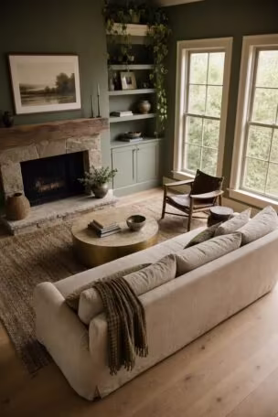 A spacious living room with sage green walls, cream trim, oatmeal linen sofa, stone fireplace, and soft diffused afternoon light