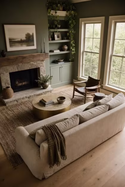 Why the Boldest Living Room Wall Colors Are Replacing Safe Neutrals A spacious living room with sage green walls, cream trim, oatmeal linen sofa, stone fireplace, and soft diffused afternoon light