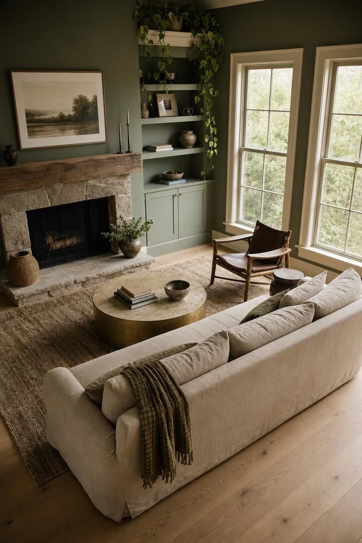 A spacious living room with sage green walls, cream trim, oatmeal linen sofa, stone fireplace, and soft diffused afternoon light