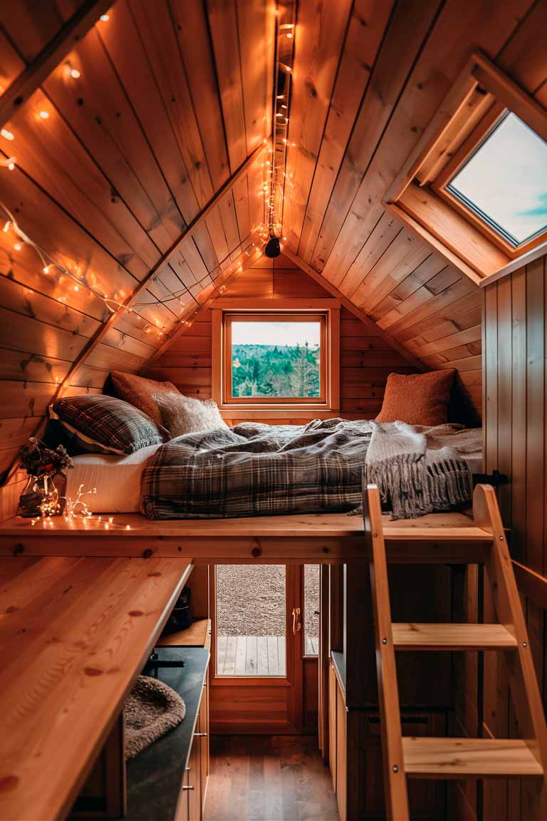 A cozy loft bedroom in a tiny house with warm wood paneling. A plush bed with plaid linens sits under a slanted roof. Fairy lights are strung along wooden beams, casting a soft glow. A small window offers a view of nature outside. A narrow ladder leads up to the loft, and below, there's a small living area visible.