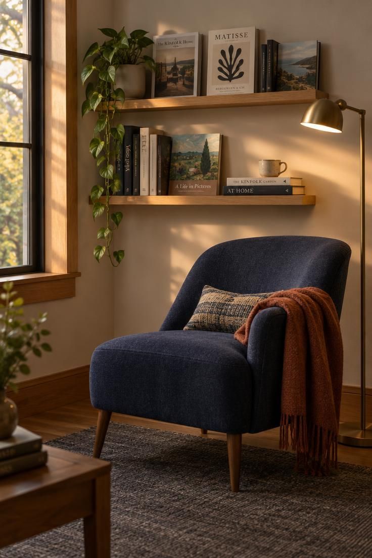 13 Cozy Man Cave Ideas for Warm, Personal Retreats 1 A navy slipper chair in a living room corner with two narrow oak ledges holding art books and a small plant, a rust wool throw, a brass floor lamp, and a charcoal rug.