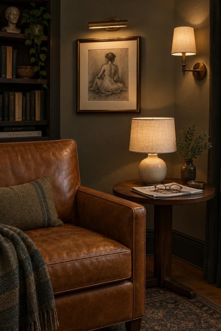 13 Cozy Man Cave Ideas for Warm, Personal Retreats 2 A tan leather chair beside a walnut table with a small ceramic lamp, a picture light over a framed charcoal drawing, and a linen wall sconce in a dim reading corner.