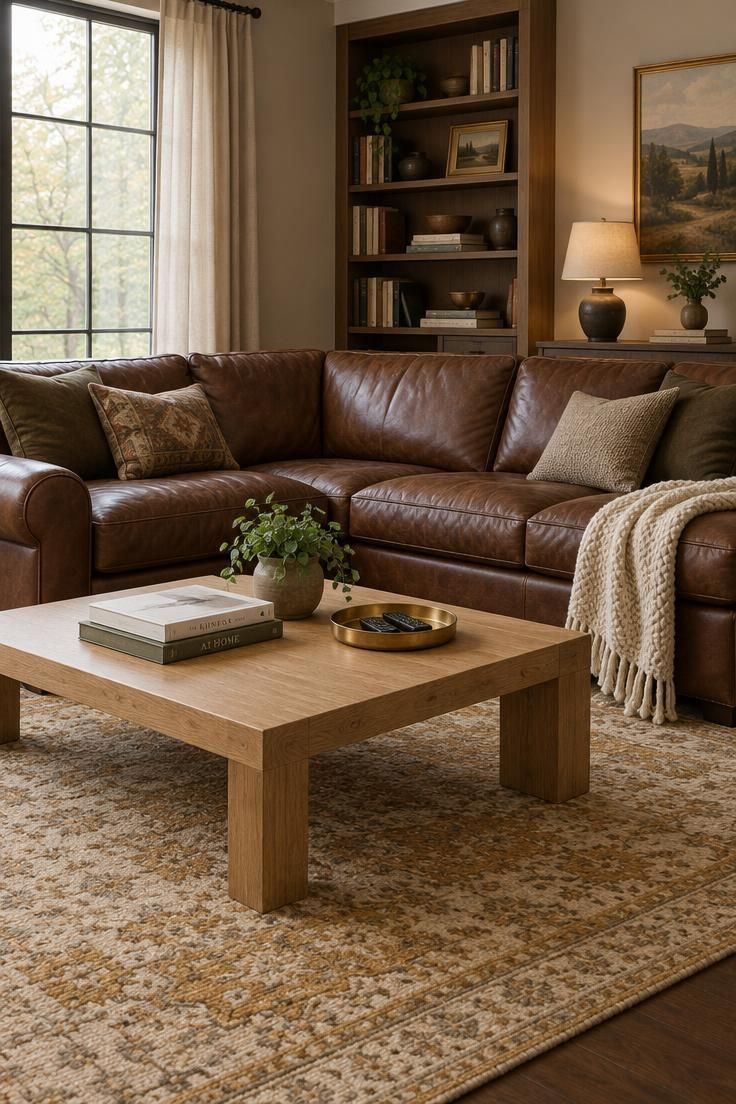 13 Cozy Man Cave Ideas for Warm, Personal Retreats 3 A tobacco leather sectional with rounded arms facing a low thick-edged oak coffee table, a cream throw over one corner, and an ochre and cream wool rug.