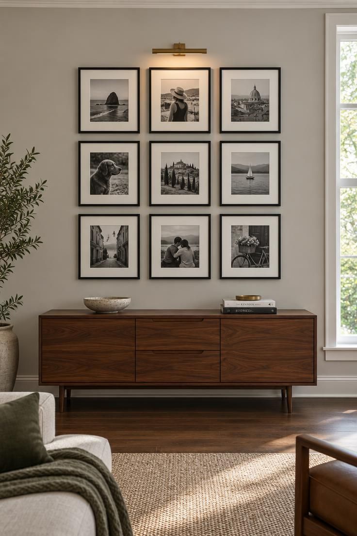 13 Cozy Man Cave Ideas for Warm, Personal Retreats 4 A three-by-three grid of black-framed black-and-white photographs above a long walnut credenza, lit by one small brass picture light.