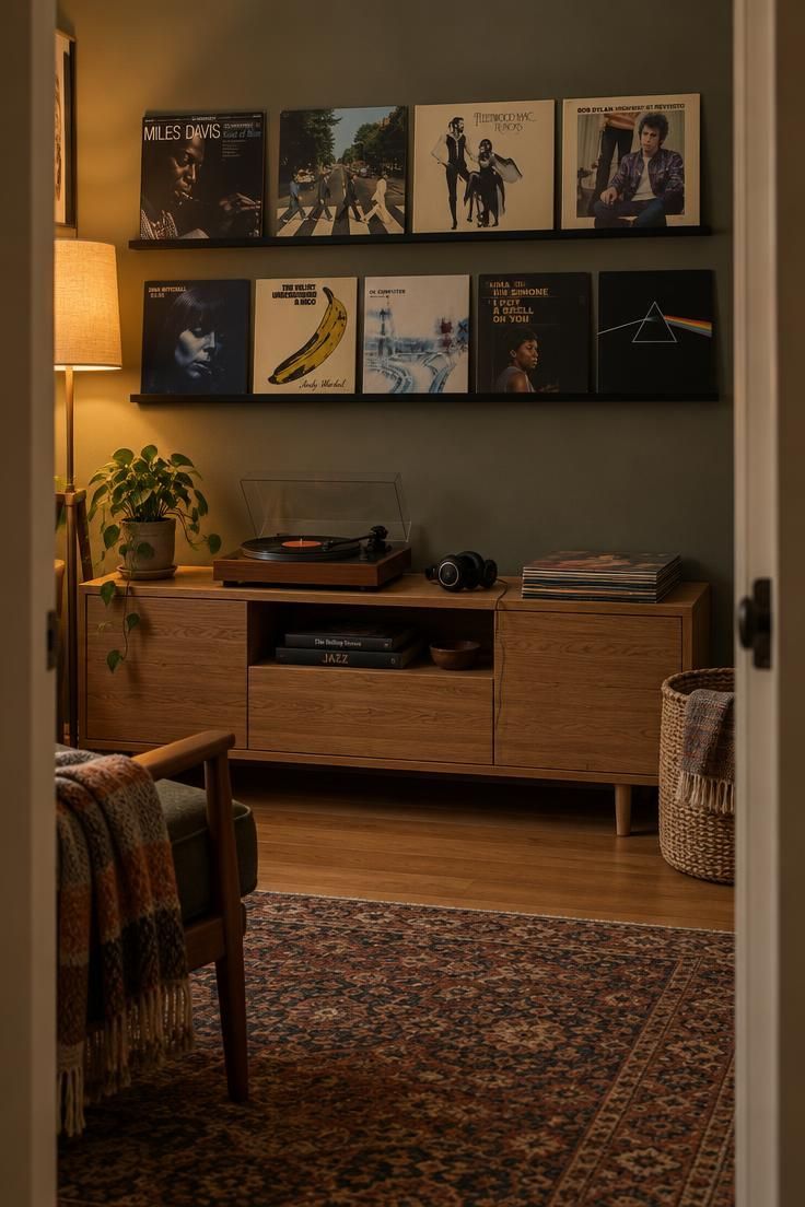 13 Cozy Man Cave Ideas for Warm, Personal Retreats 5 Two black metal picture ledges holding nine vintage vinyl album covers above a low oak media bench with a turntable and woven basket.