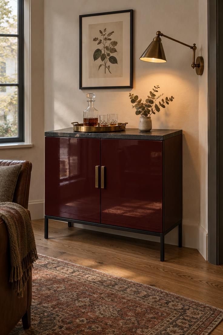 13 Cozy Man Cave Ideas for Warm, Personal Retreats 6 A burgundy lacquered bar cabinet with a soapstone top and brass accents against a limewash wall, lit by a swing-arm wall lamp.