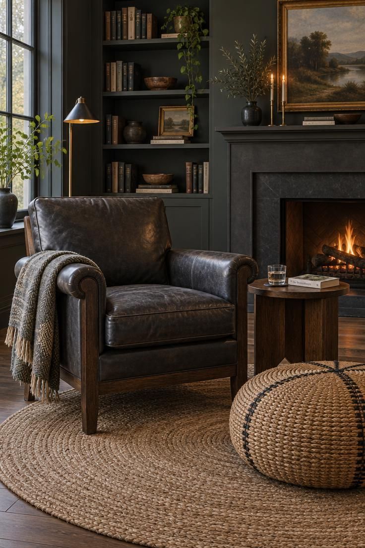 13 Cozy Man Cave Ideas for Warm, Personal Retreats 7 A charcoal leather club chair with rolled arms beside a round rattan floor cushion and a small oak side table on a round jute rug.